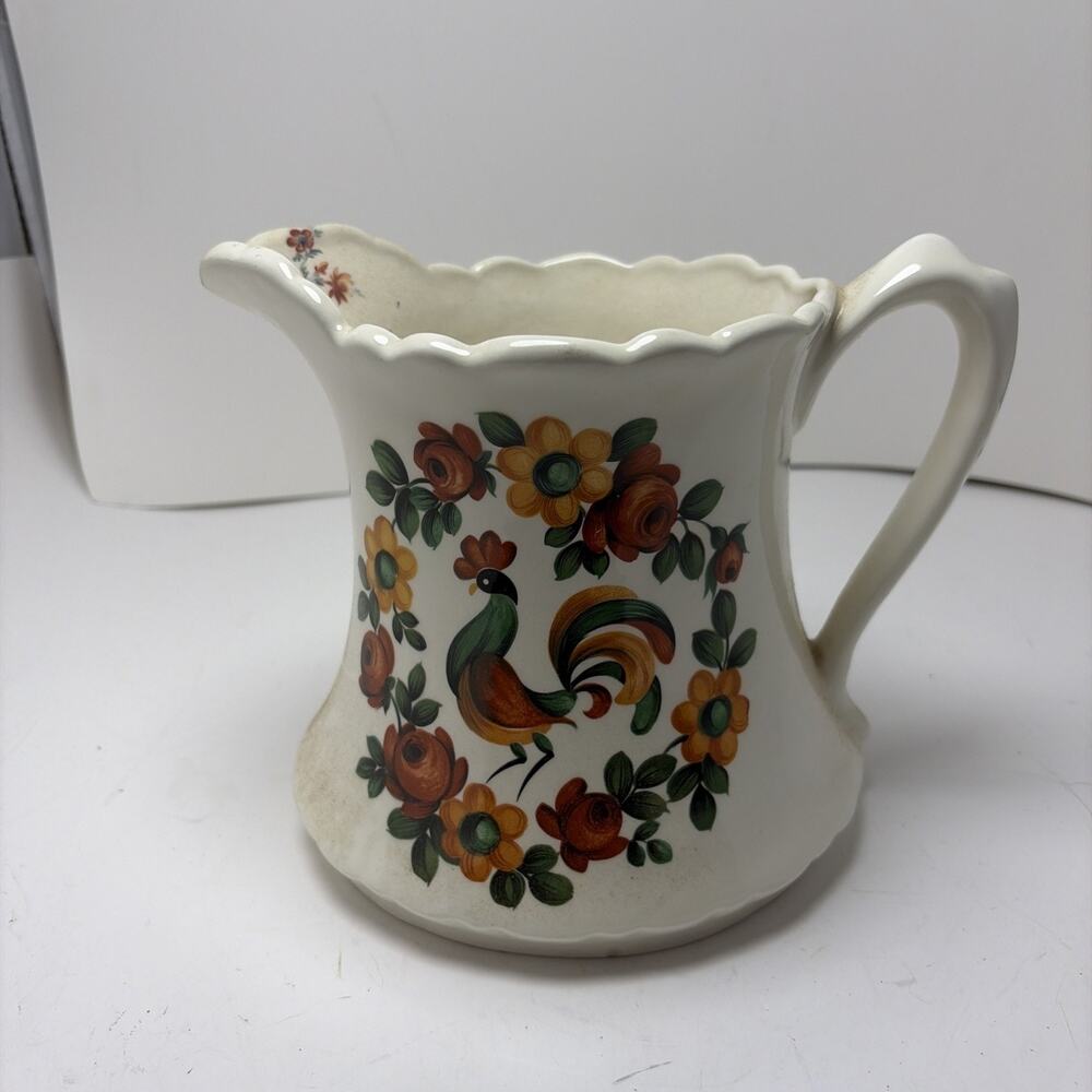 Vintage McCoy pottery Brown Cream Rooster Floral Pitcher farmhouse